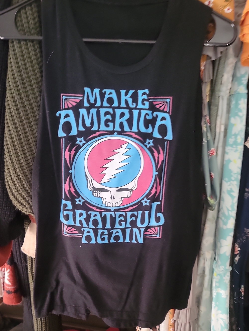 Make America Grateful Again Graphic Tank - Black with Red & Blue Skull